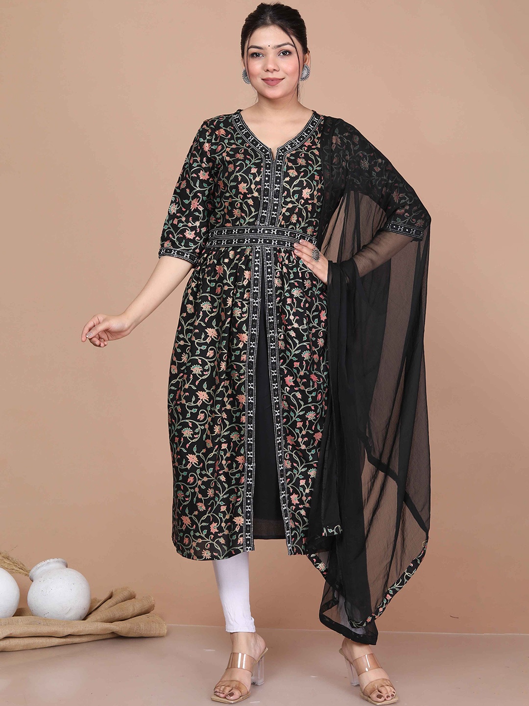 

MIRAVAN Embroidered Notch Neck Floral Printed Mirror Work Cotton Kurta With Dupatta, Black