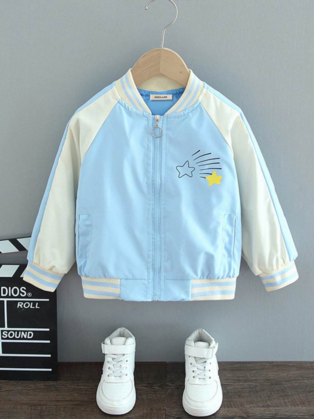 

INCLUD Girls Printed Stand Collar Lightweight Varsity Jacket, Blue