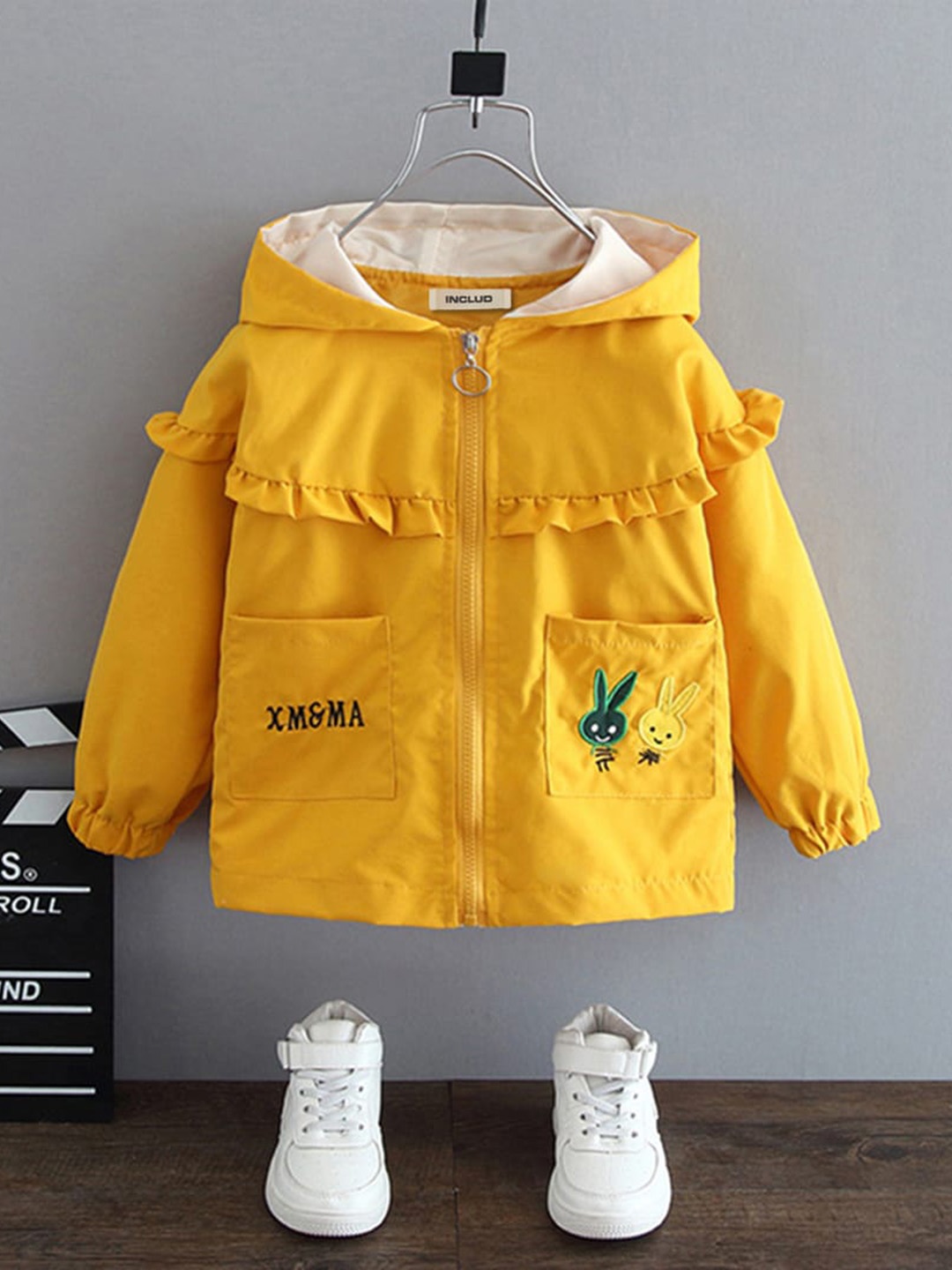 

INCLUD Girls Graphic Printed Hooded Dry Fit Lightweight Longline Bomber Jacket, Yellow