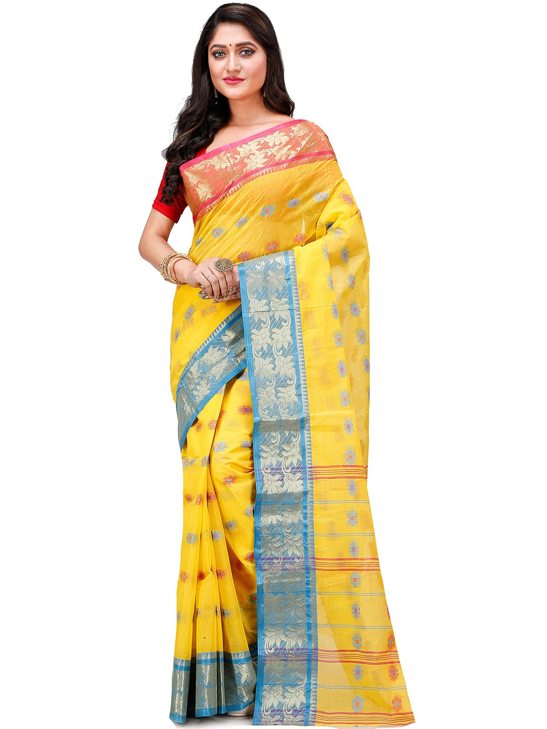 

DipDiya Ethnic Motifs Woven Design Zari Pure Cotton Taant Saree, Yellow