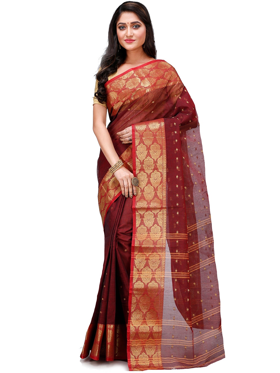 

DipDiya Ethnic Motifs Woven Design Zari Pure Cotton Taant Saree, Brown
