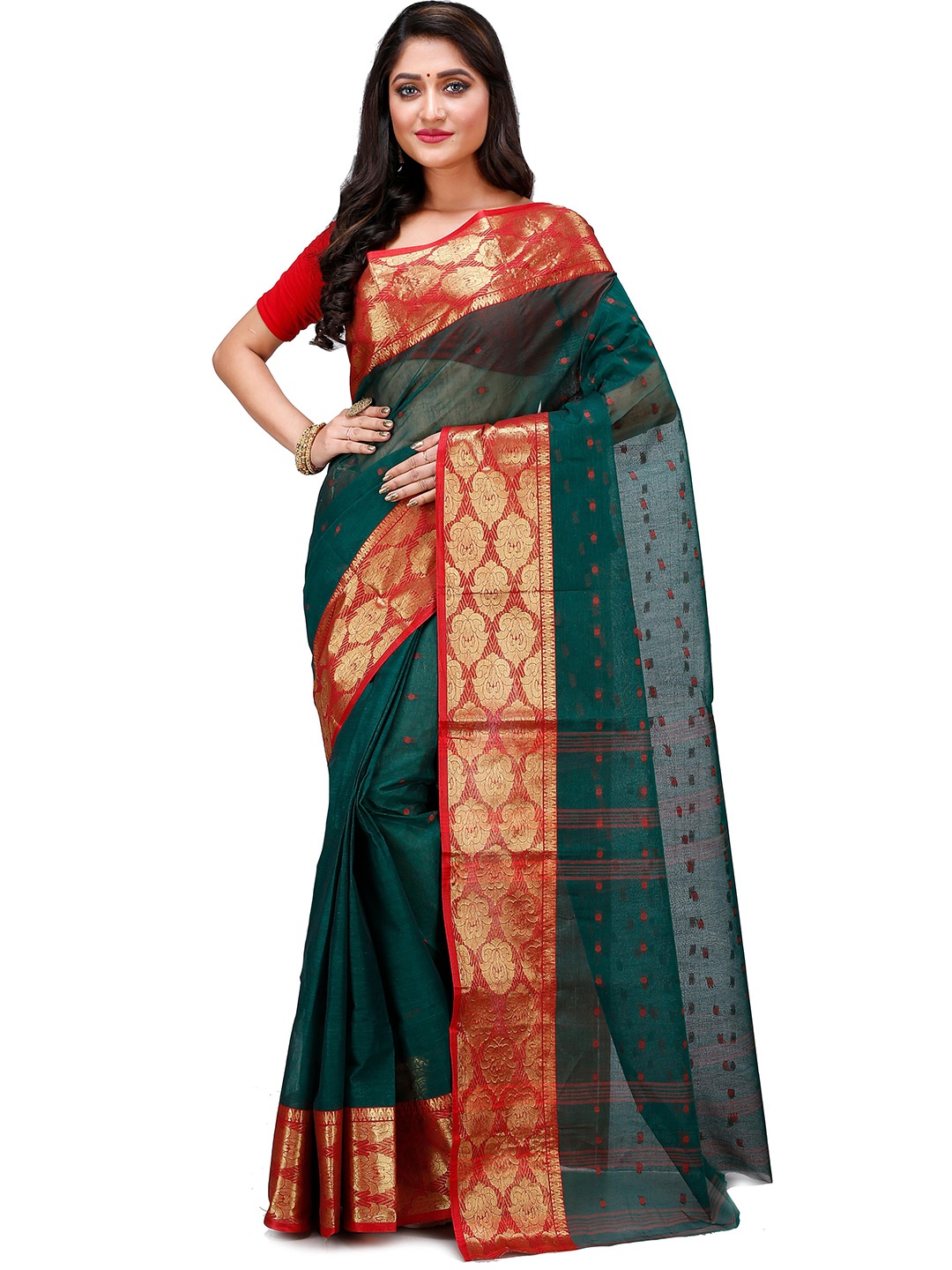 

DipDiya Ethnic Motifs Woven Design Zari Pure Cotton Taant Saree, Green