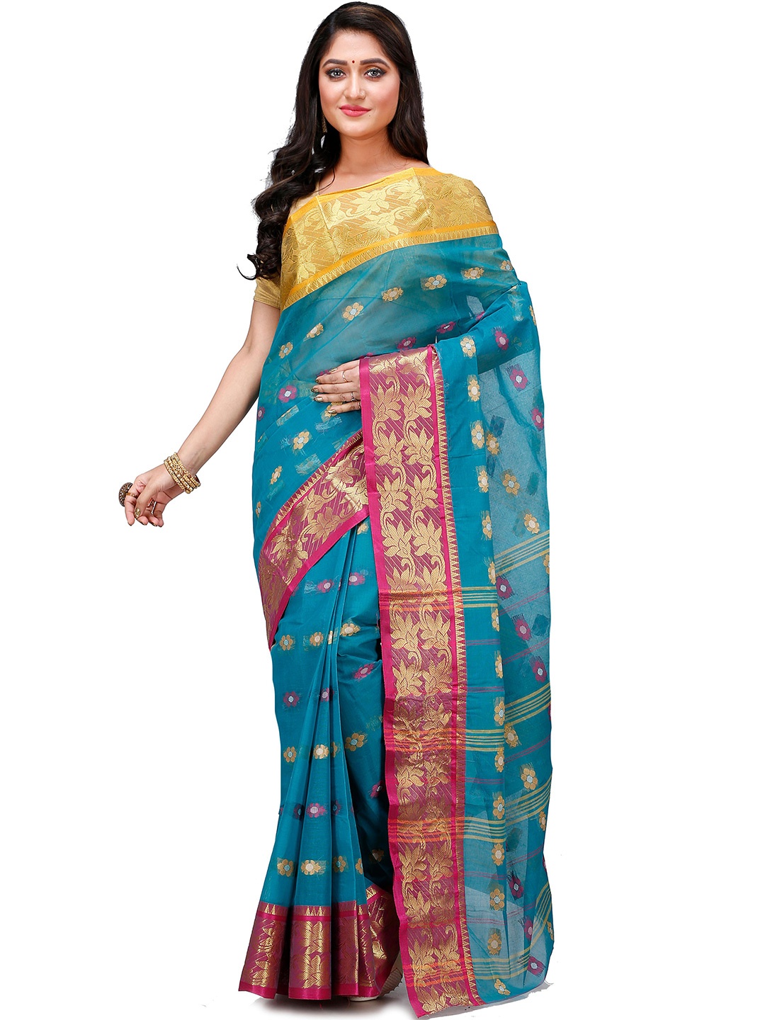 

DipDiya Ethnic Motifs Woven Design Zari Pure Cotton Taant Saree, Green