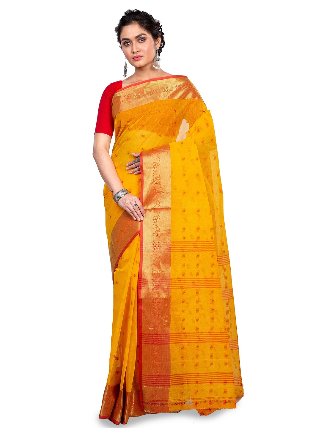 

DipDiya Ethnic Motifs Woven Design Zari Pure Cotton Taant Saree, Yellow