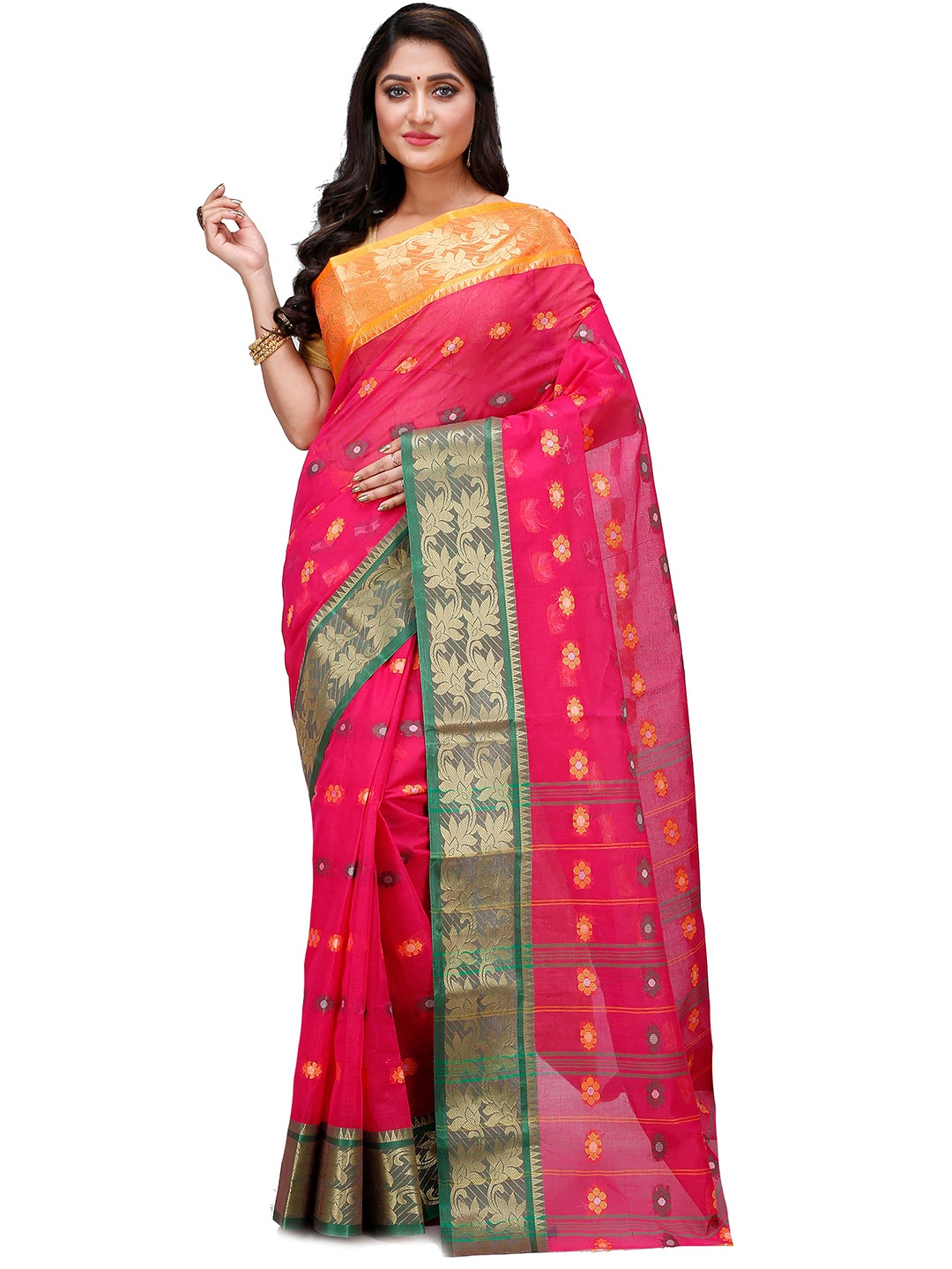 

DipDiya Ethnic Motifs Woven Design Zari Pure Cotton Taant Saree, Red