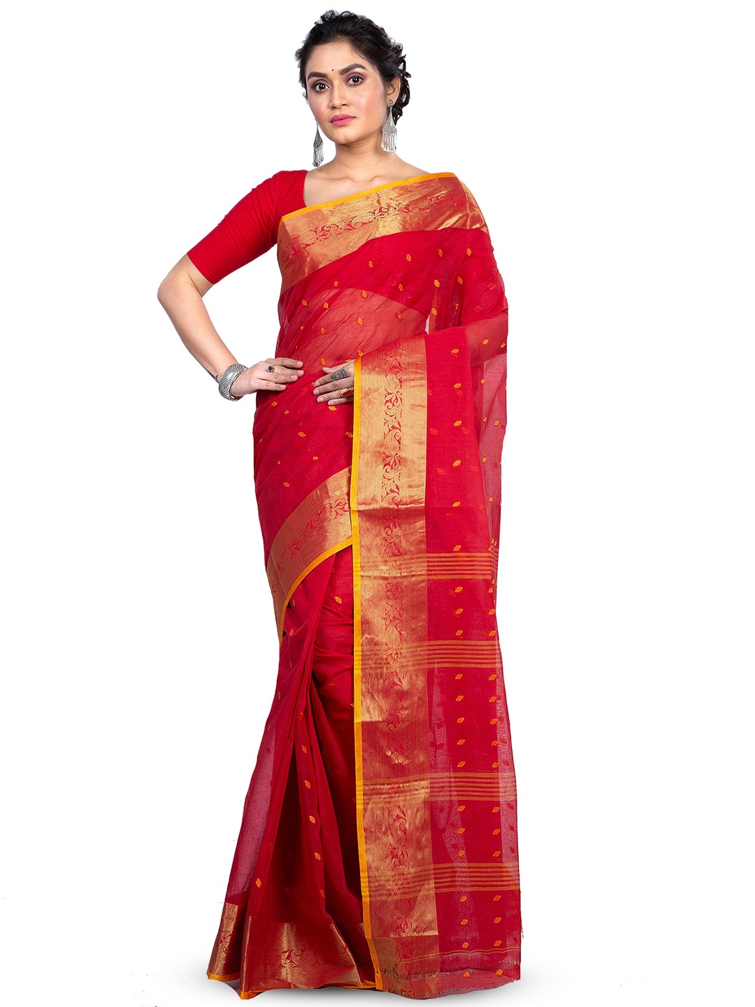 

DipDiya Ethnic Motifs Woven Design Zari Pure Cotton Taant Saree, Red