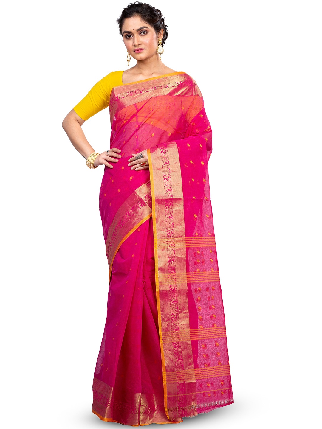 

DipDiya Ethnic Motifs Woven Design Zari Pure Cotton Taant Saree, Pink