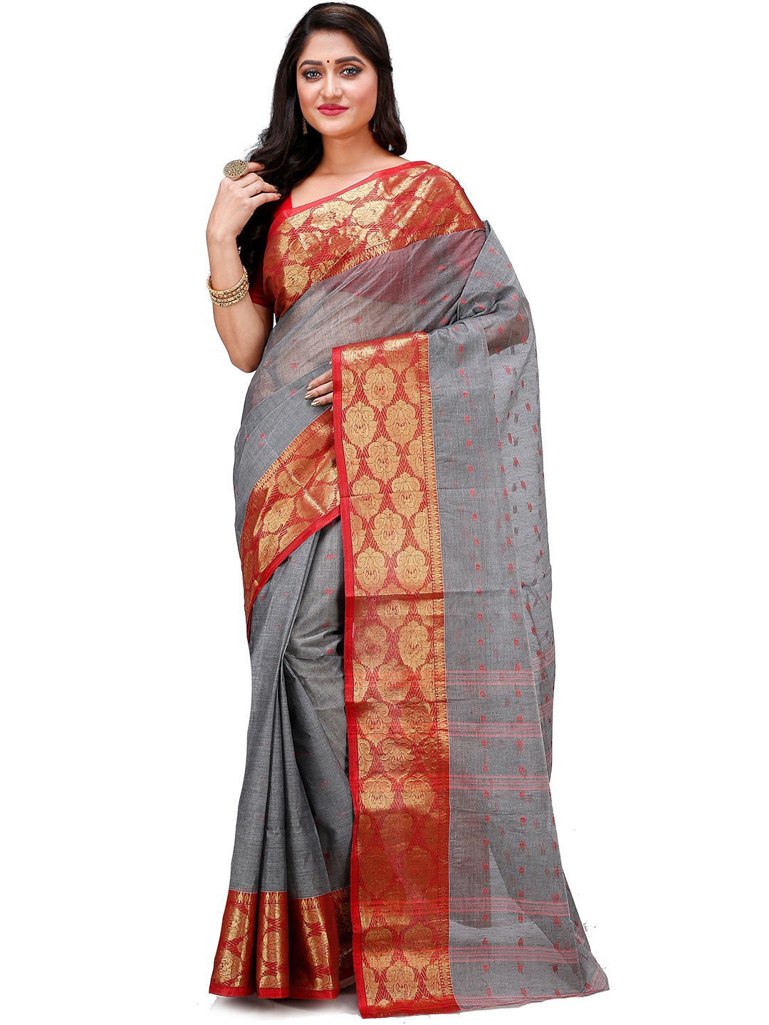 

DipDiya Ethnic Motifs Woven Design Zari Pure Cotton Taant Saree, Grey