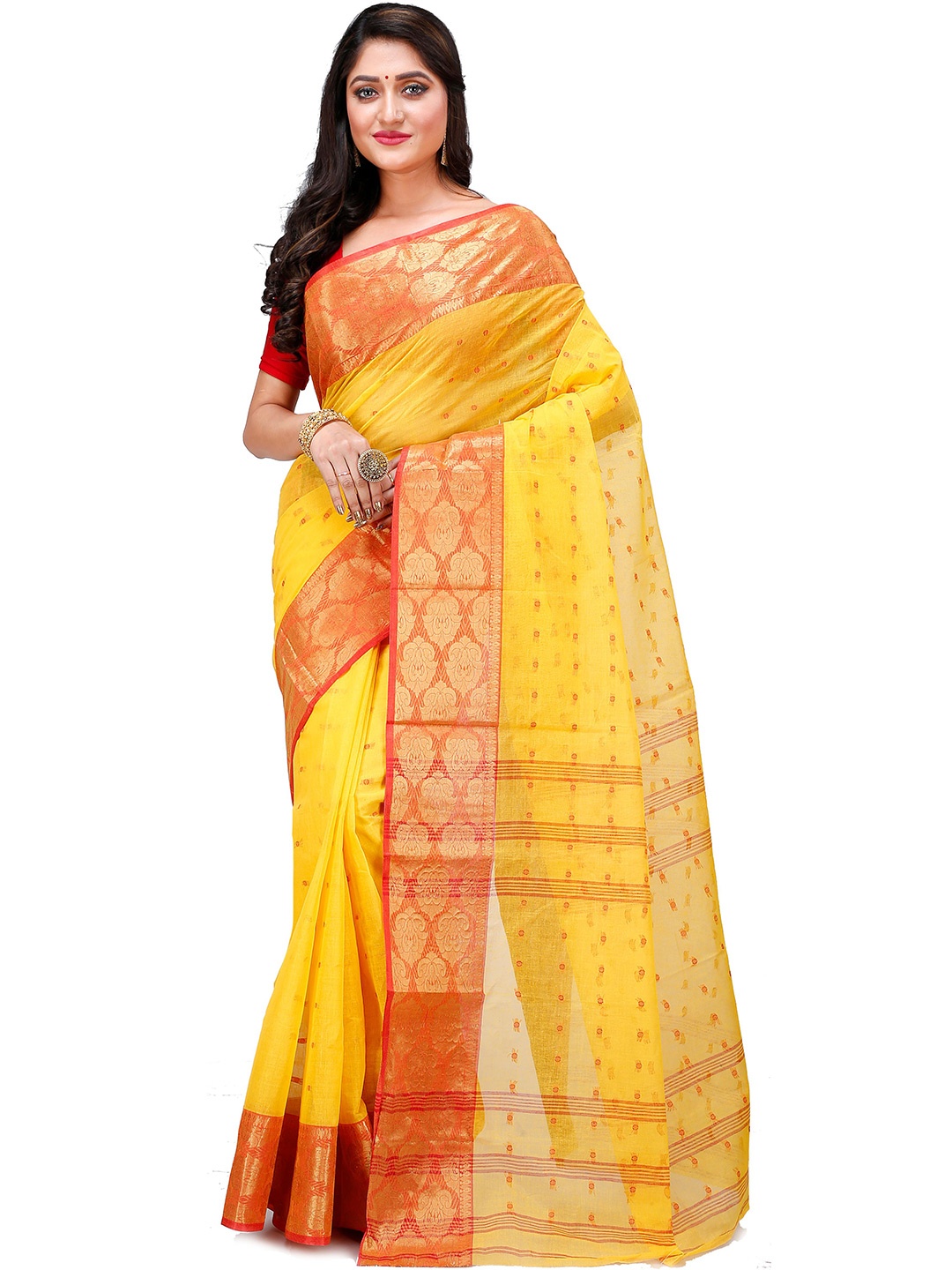 

DipDiya Ethnic Motifs Woven Design Zari Pure Cotton Taant Saree, Yellow