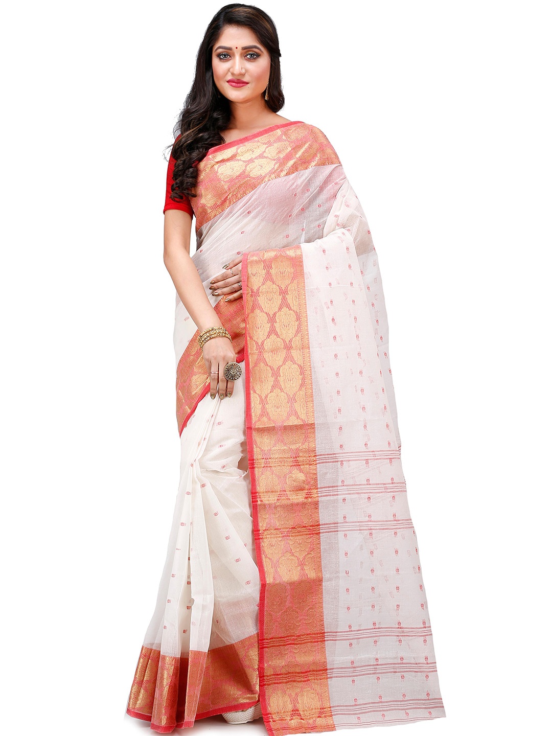 

DipDiya Ethnic Motifs Woven Design Zari Pure Cotton Taant Saree, White