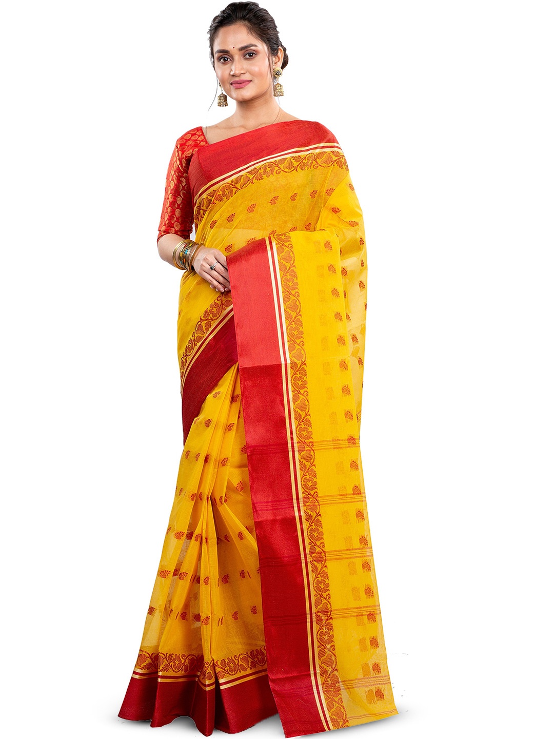 

DipDiya Ethnic Motifs Woven Design Zari Pure Cotton Taant Saree, Yellow