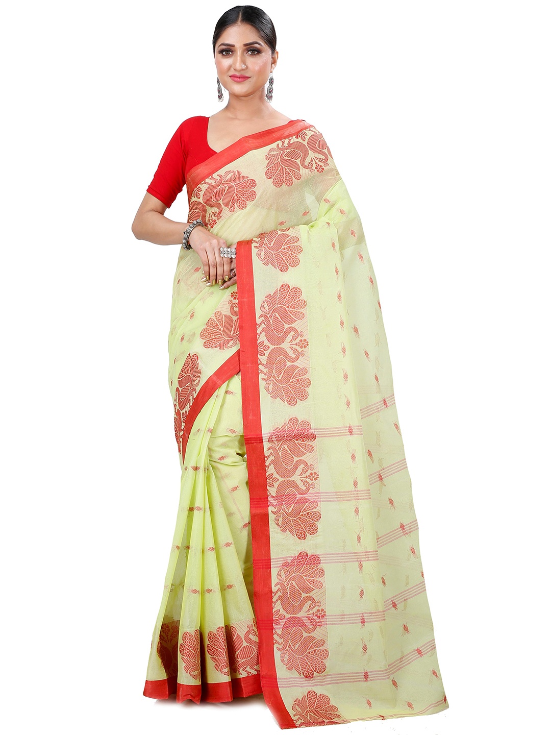 

DipDiya Ethnic Motifs Woven Design Pure Cotton Taant Saree, Green