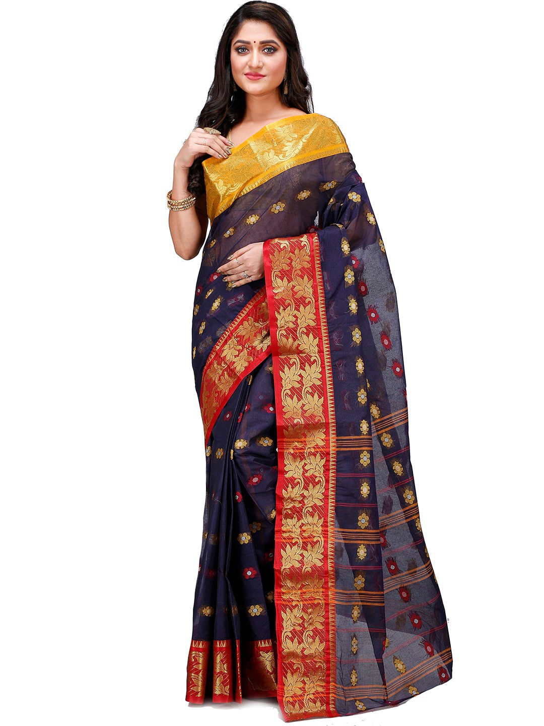 

DipDiya Ethnic Motifs Woven Design Zari Pure Cotton Taant Saree, Navy blue