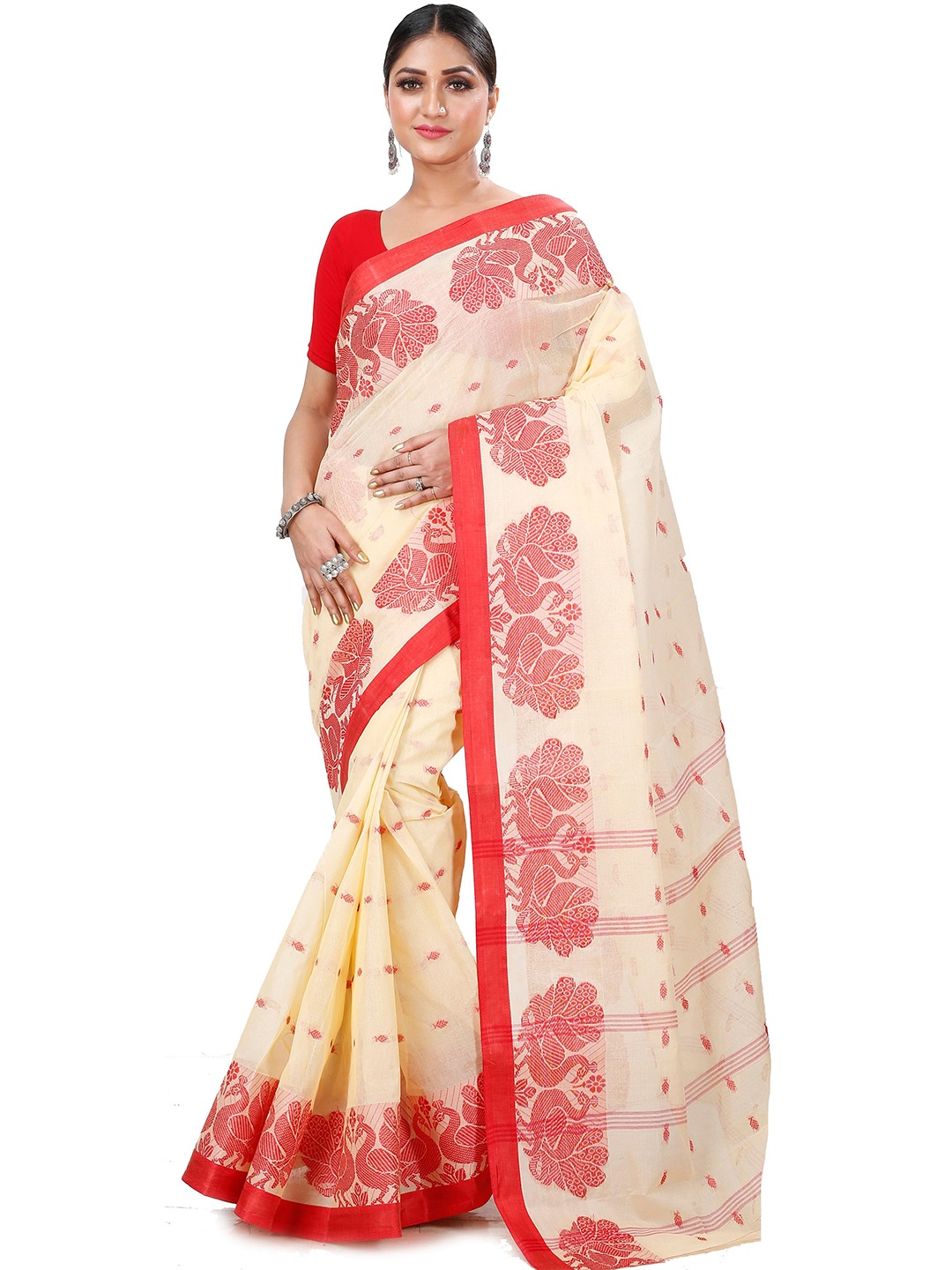 

DipDiya Ethnic Motifs Woven Design Pure Cotton Taant Saree, Cream