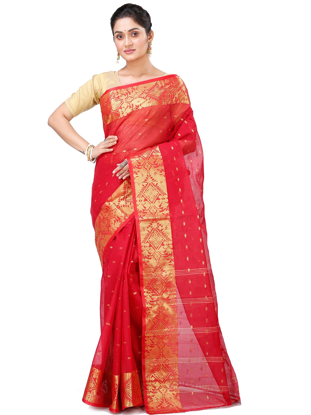 

DipDiya Ethnic Motifs Woven Design Zari Pure Cotton Taant Saree, Red