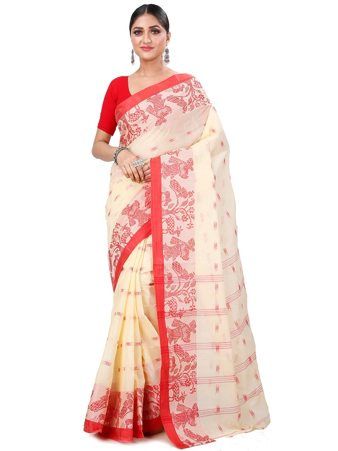 

DipDiya Ethnic Motifs Woven Design Pure Cotton Taant Saree, Off white