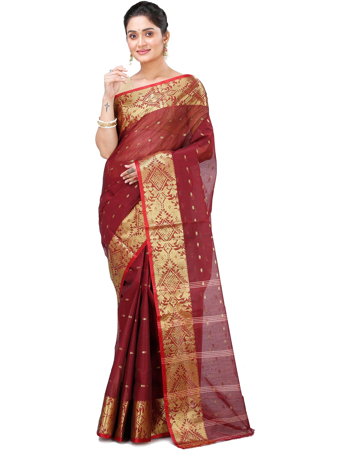 

DipDiya Ethnic Motifs Woven Design Zari Pure Cotton Taant Saree, Brown