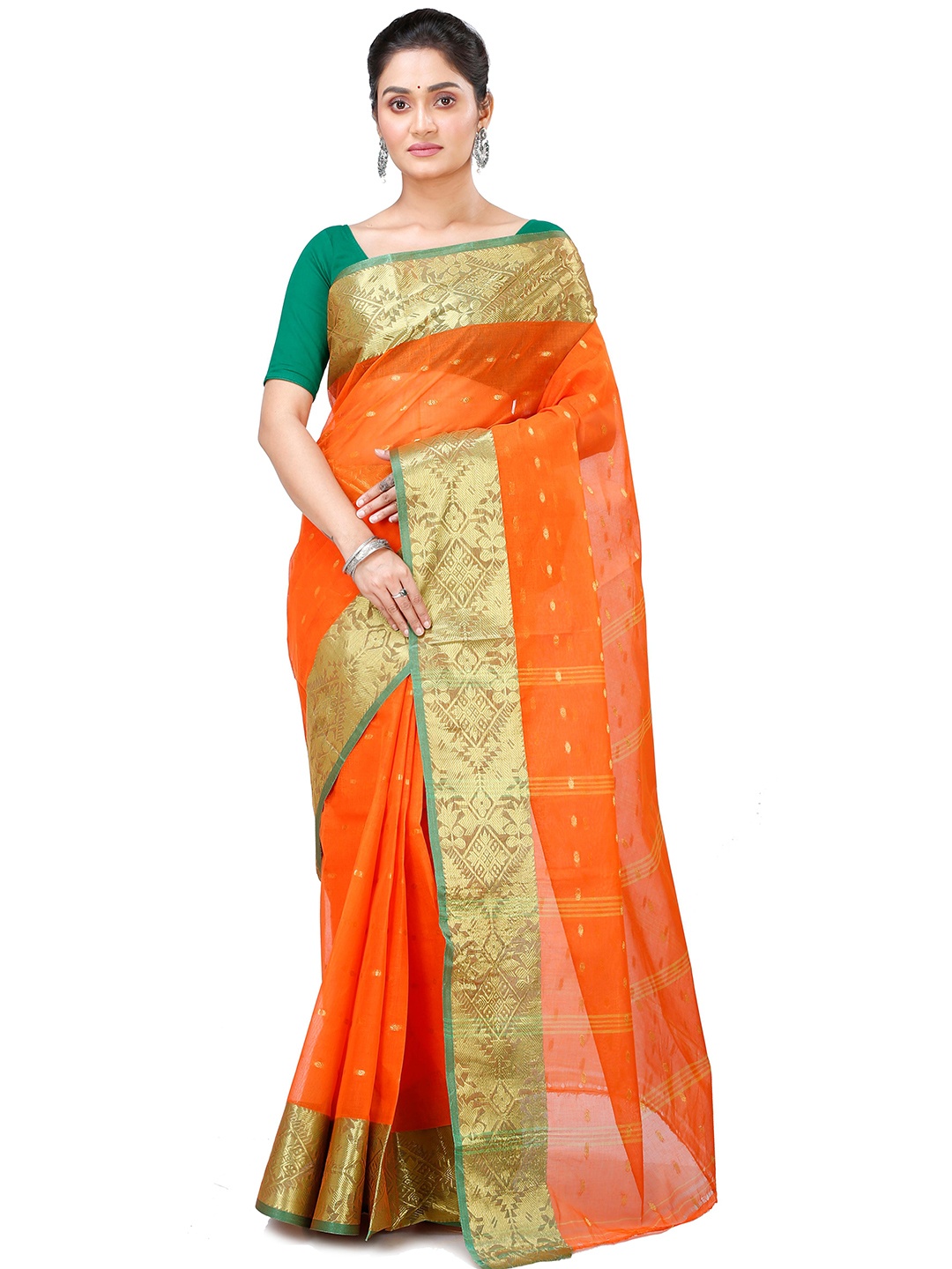 

DipDiya Ethnic Motifs Woven Design Zari Pure Cotton Taant Saree, Orange