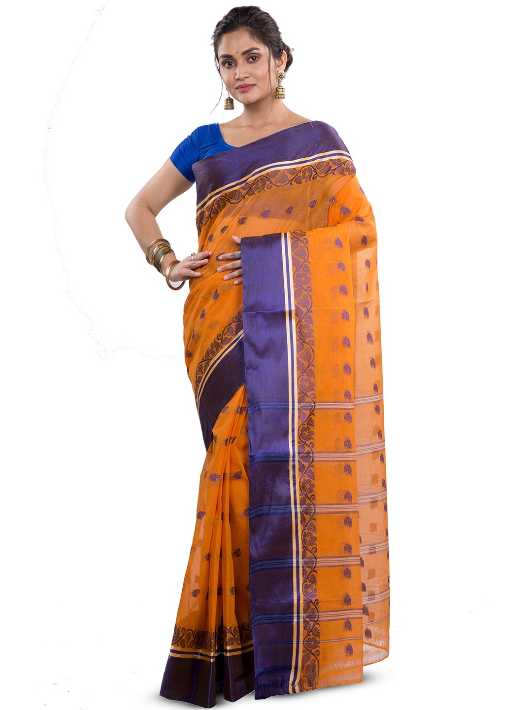 

DipDiya Ethnic Motifs Woven Design Zari Pure Cotton Taant Saree, Orange