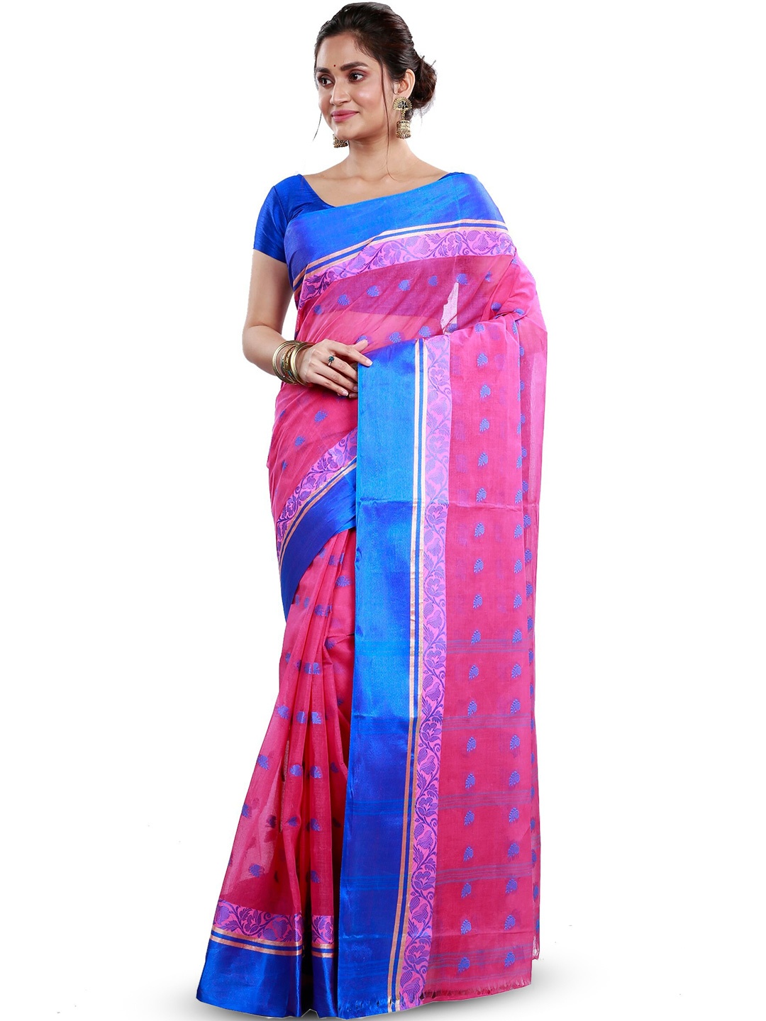 

DipDiya Ethnic Motifs Woven Design Pure Cotton Taant Saree, Pink