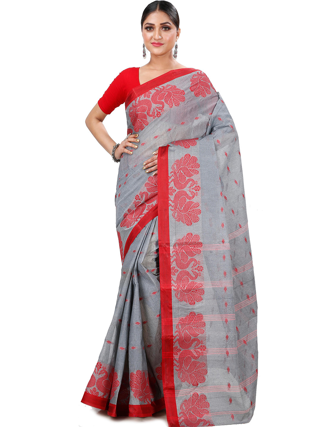 

DipDiya Ethnic Motifs Woven Design Pure Cotton Taant Saree, Grey