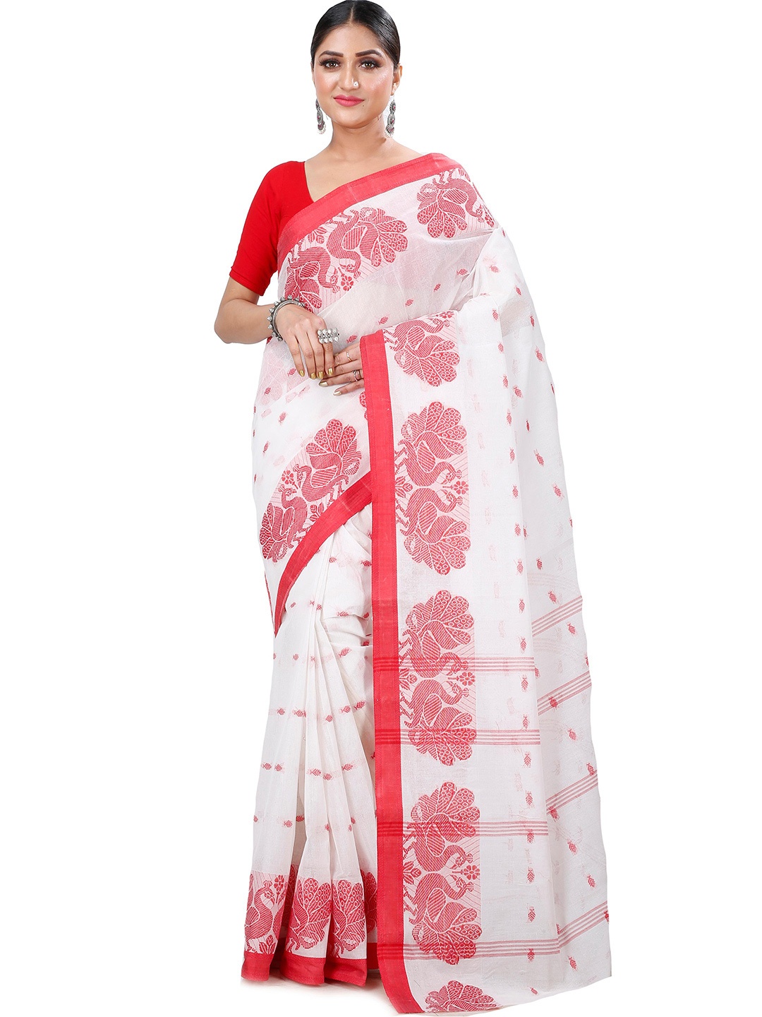 

DipDiya Ethnic Motifs Woven Design Pure Cotton Taant Saree, White