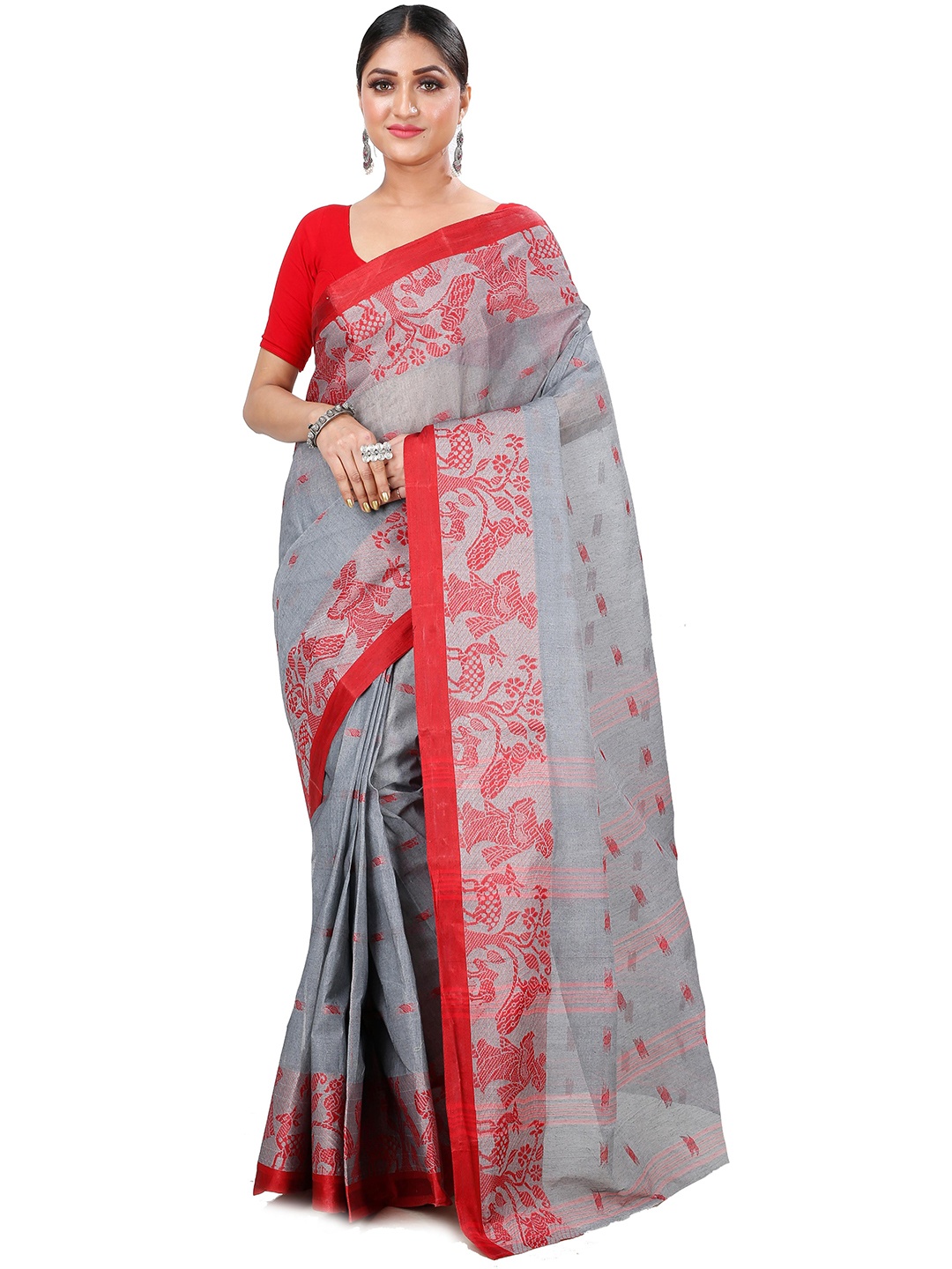 

DipDiya Ethnic Motifs Woven Design Pure Cotton Taant Saree, Grey