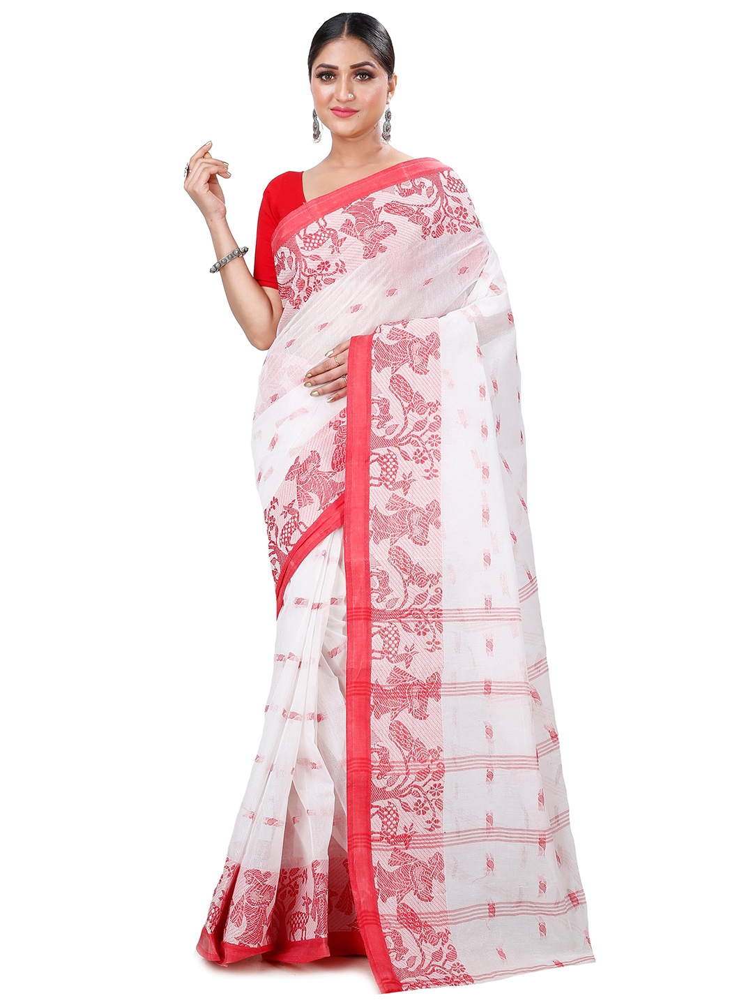 

DipDiya Ethnic Motifs Woven Design Pure Cotton Taant Saree, White