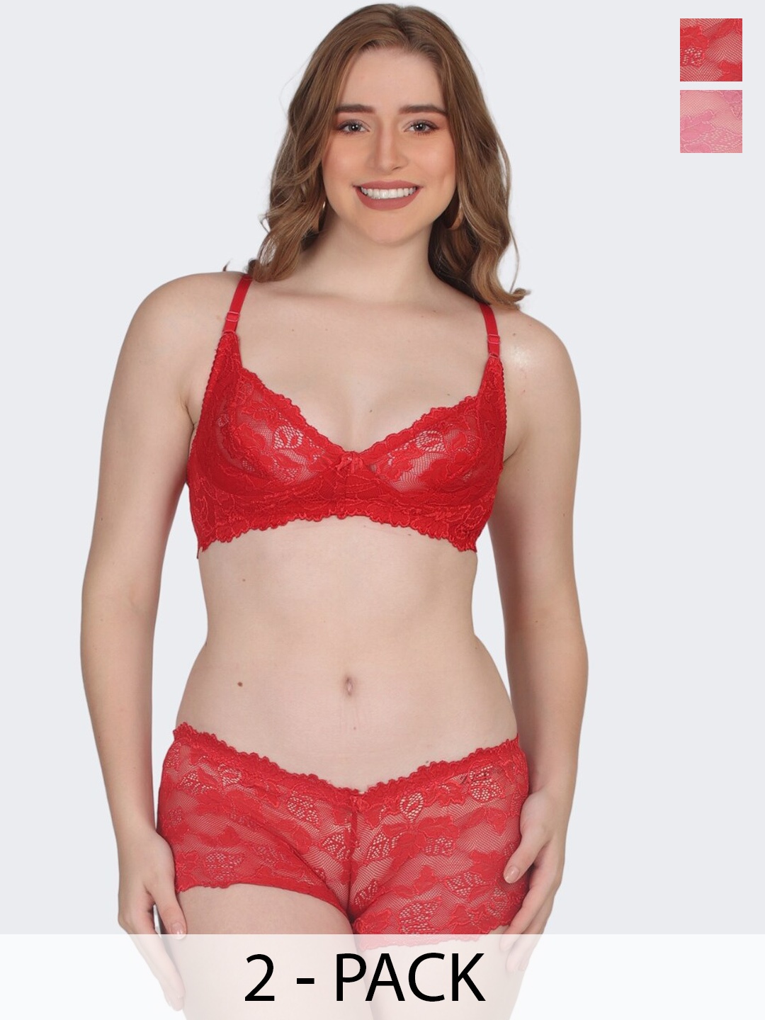 

POOJA RAGENEE Pack Of 2 Self Design Lace Lingerie Set ST04_2P_DPK_RD_30B, Red