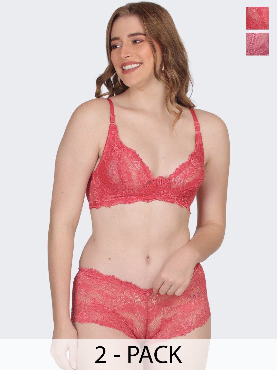 

POOJA RAGENEE Pack Of 2 Self Design Lace Lingerie Set ST04_2P_CRL_DPK_30B, Coral