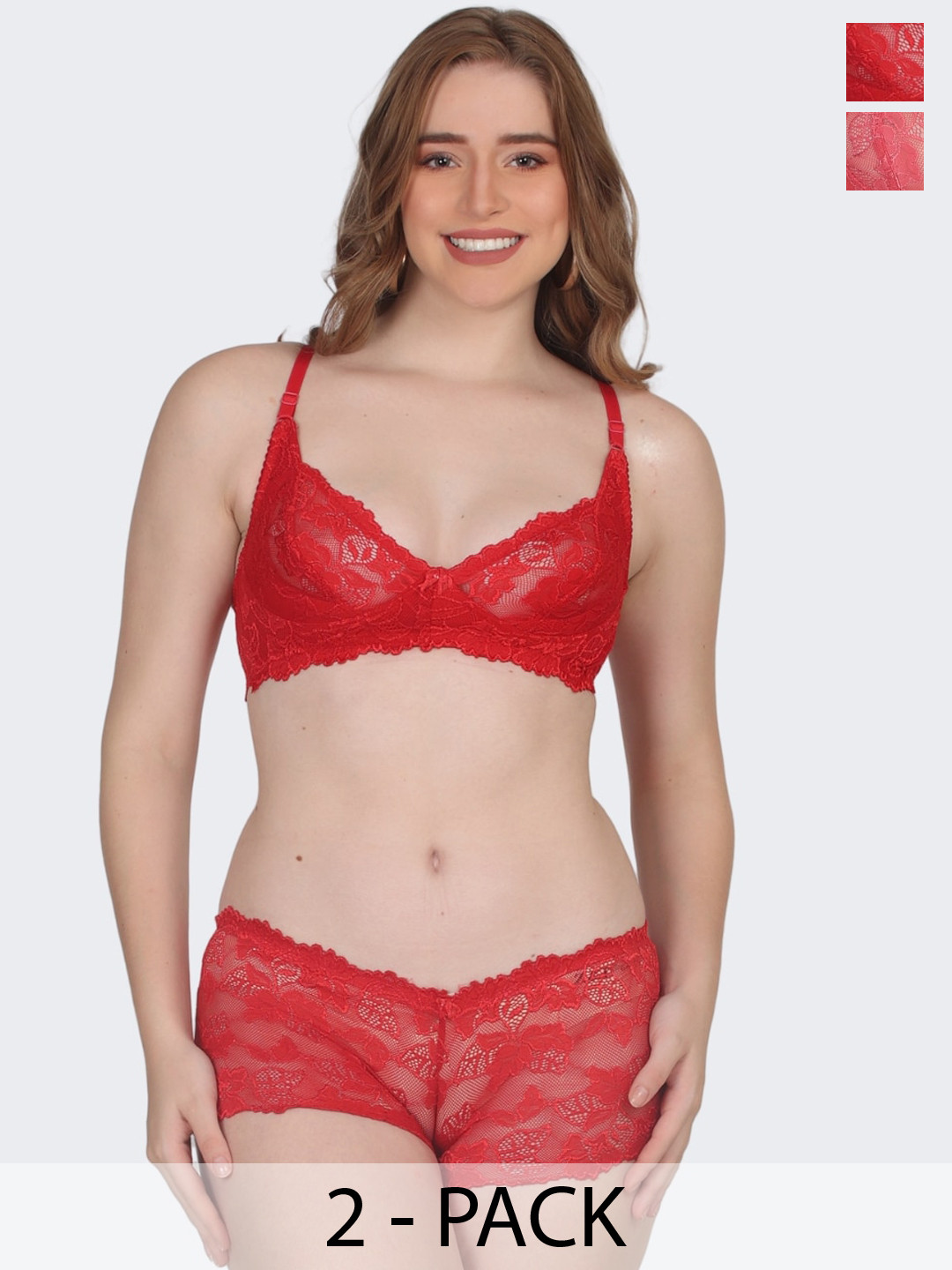 

POOJA RAGENEE Pack Of 2 Self Design Lace Lingerie Set ST04_2P_RD_CRL_30B, Coral