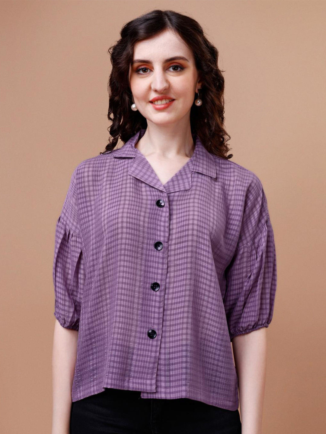 

Fashion2wear Checked Spread Collar Georgette Casual Shirt, Purple