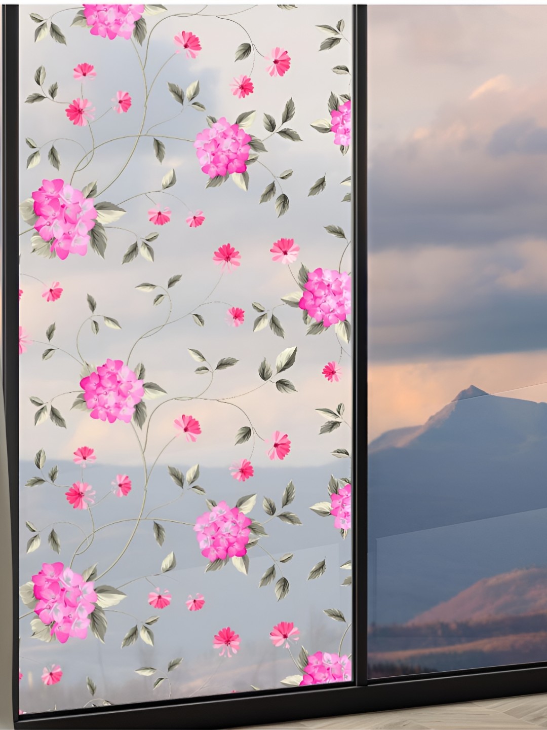 

CVANU Transparent & Pink Floral Printed Self Adhesive Window Sticker