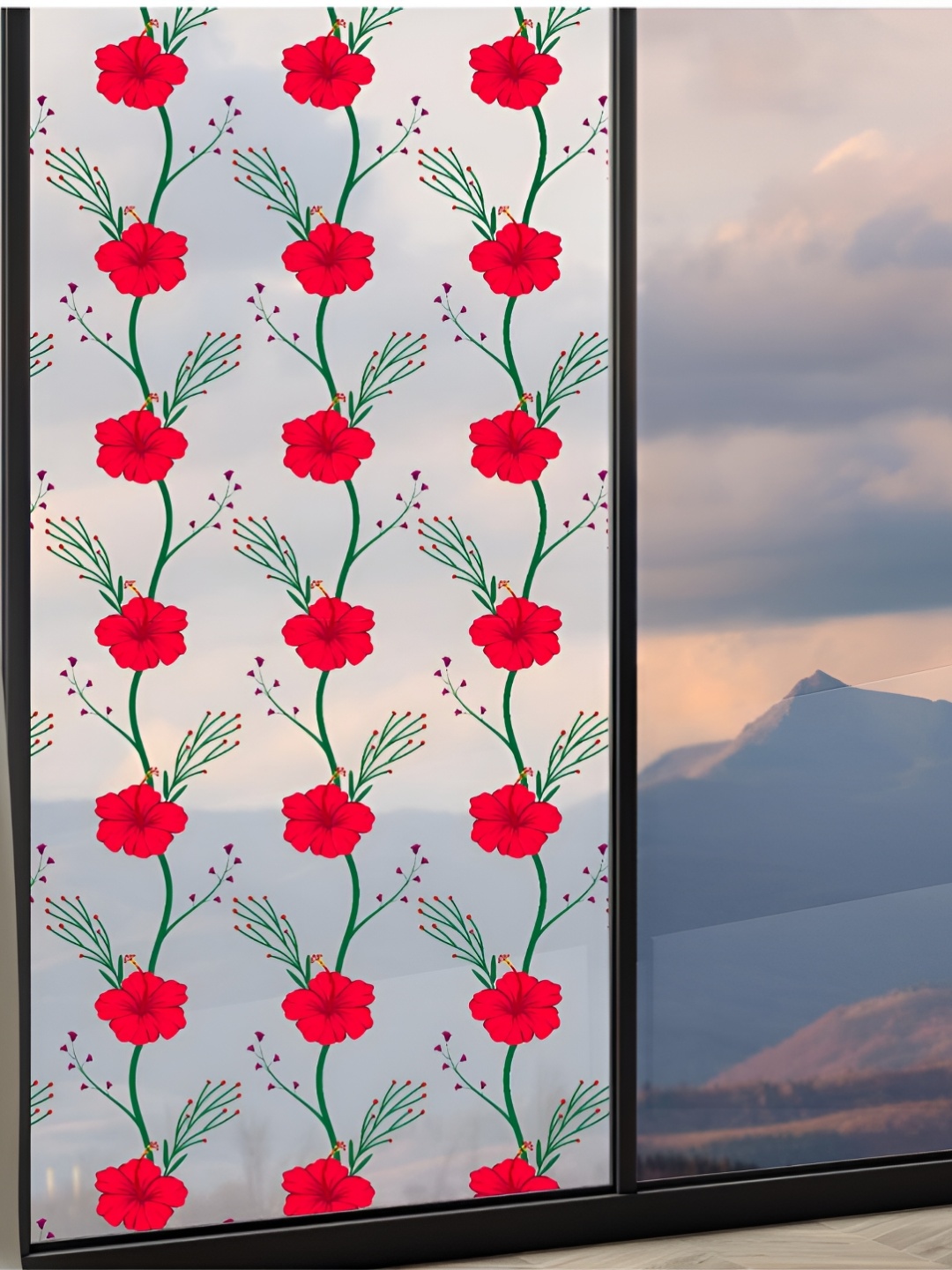 

CVANU Red & Green Floral Self Adhesive Waterproof Window Film Stickers