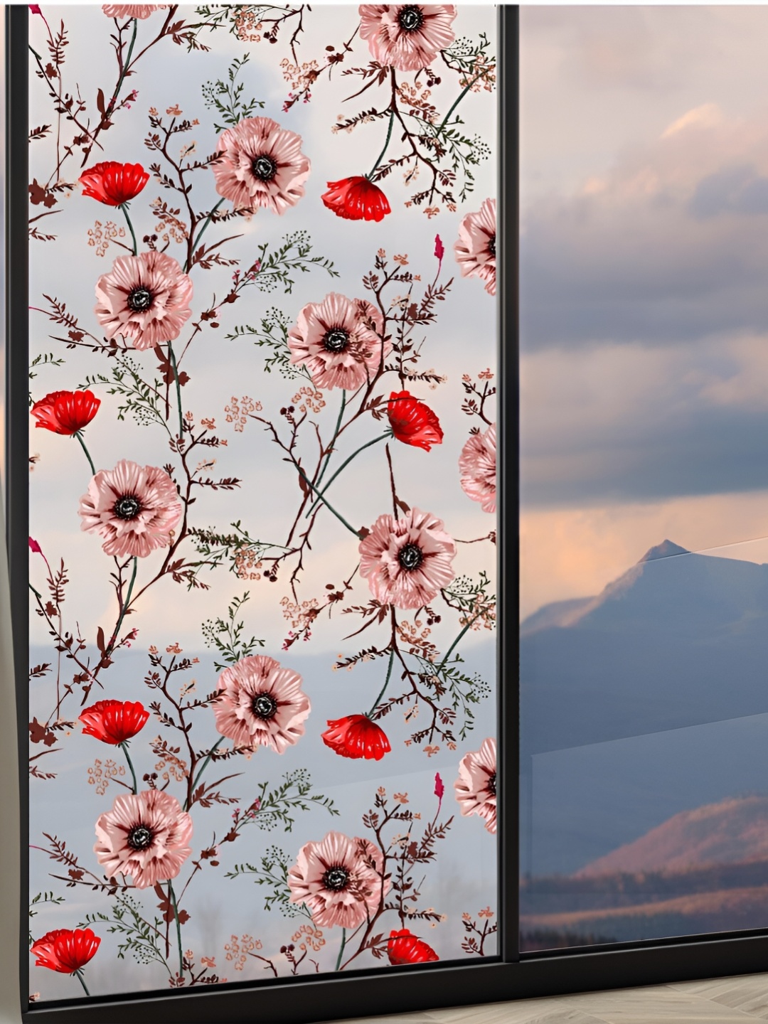 

CVANU Red & Peach Colored Floral Self adhesive Waterproof Window Film Stickers