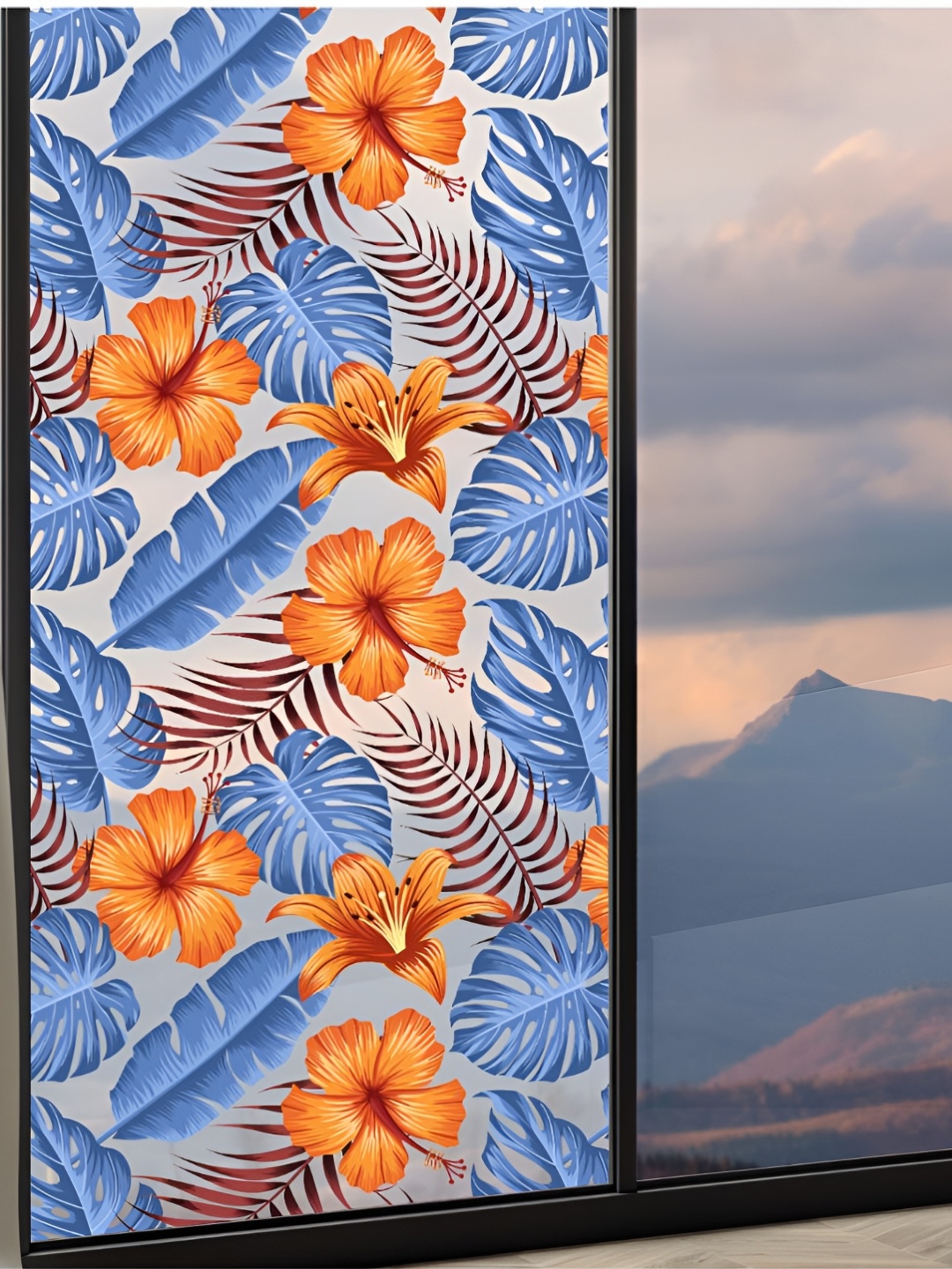 

CVANU Transparent & Blue Floral Printed Self Adhesive Window Sticker