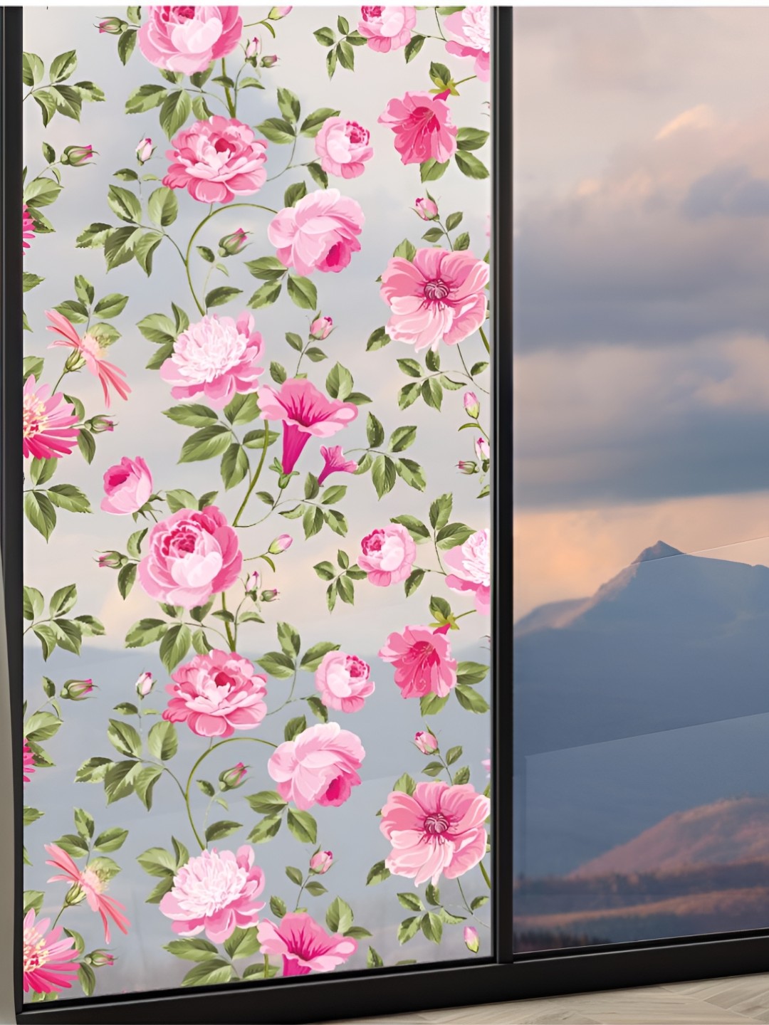 

CVANU Transparent & Pink Floral Printed Self Adhesive Window Sticker