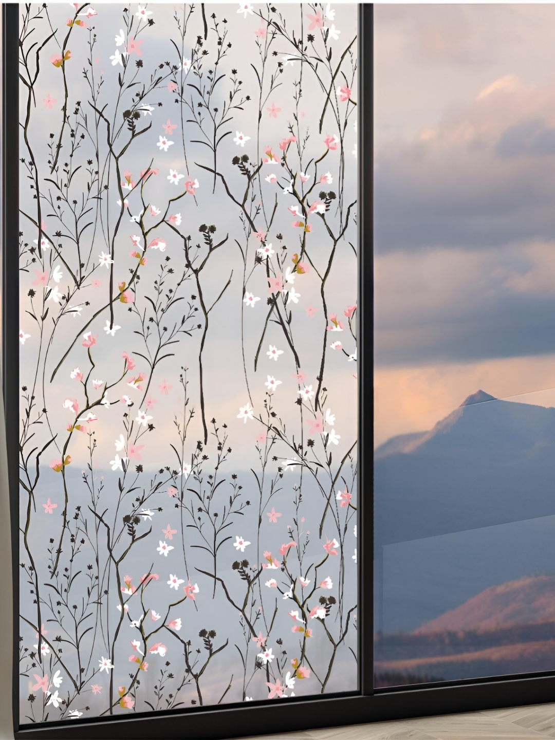 

CVANU Pink & Black Floral Printed Self Adhesive Window Sticker, Transparent