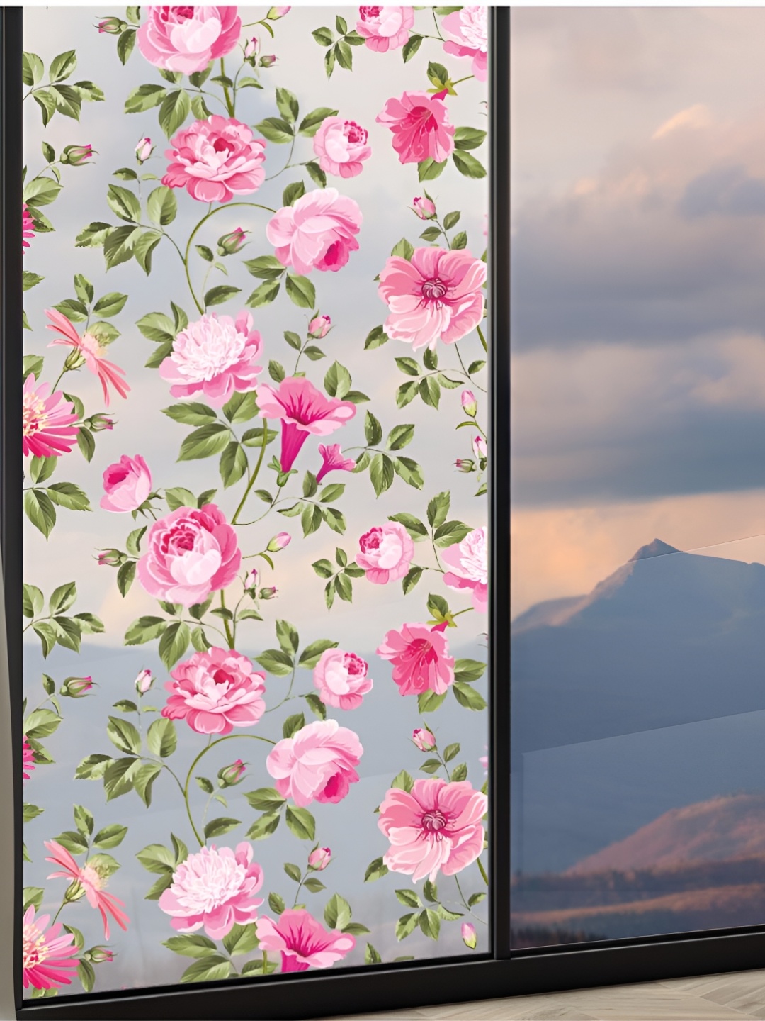 

CVANU Transparent & Pink Floral Printed Self Adhesive Window Sticker