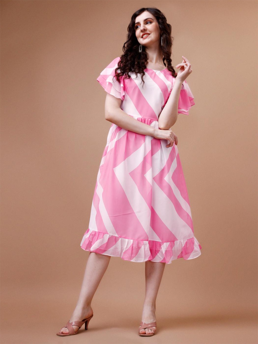 

Fashion2wear Chevron Printed Flounce Georgette A-Line Dress, Pink