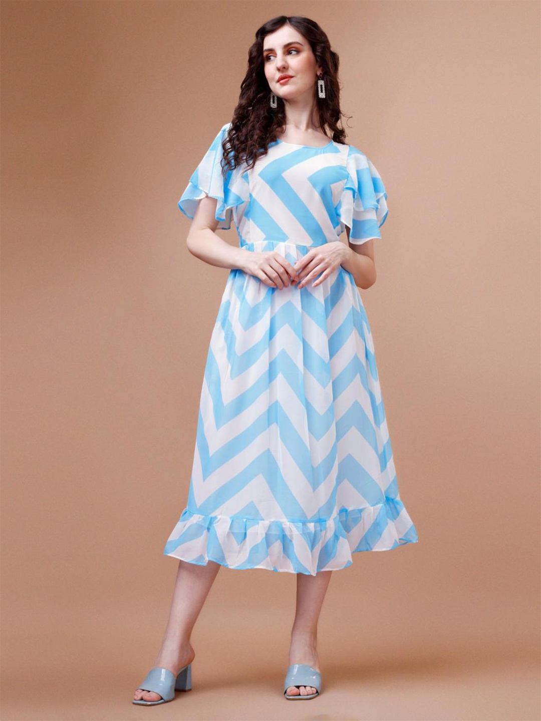 

Fashion2wear Chevron Printed Flounce Georgette A-Line Dress, Blue
