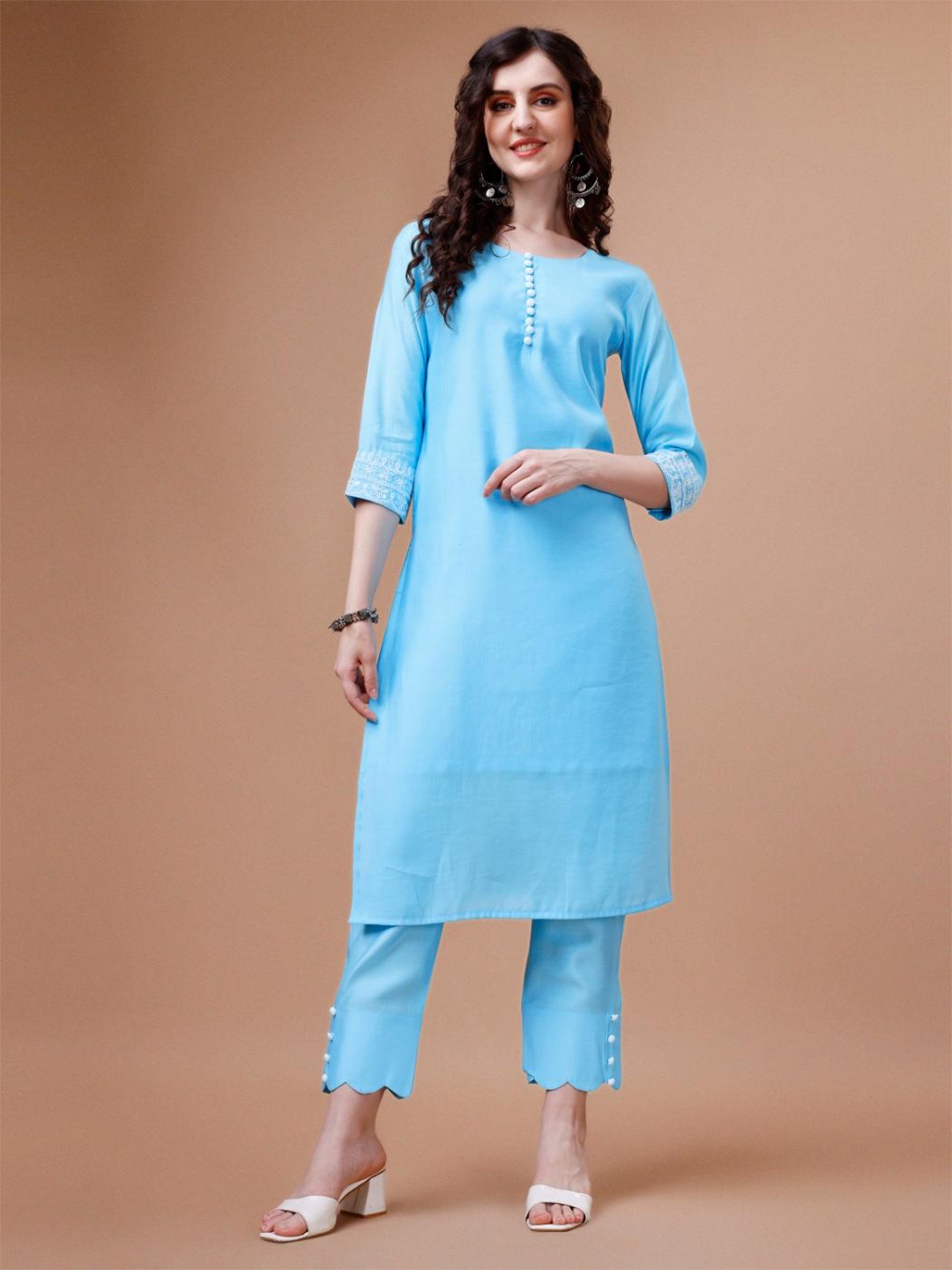 

Fashion2wear Ethnic Raw Silk Round Neck Straight Kurta With Trousers & Dupatta, Blue