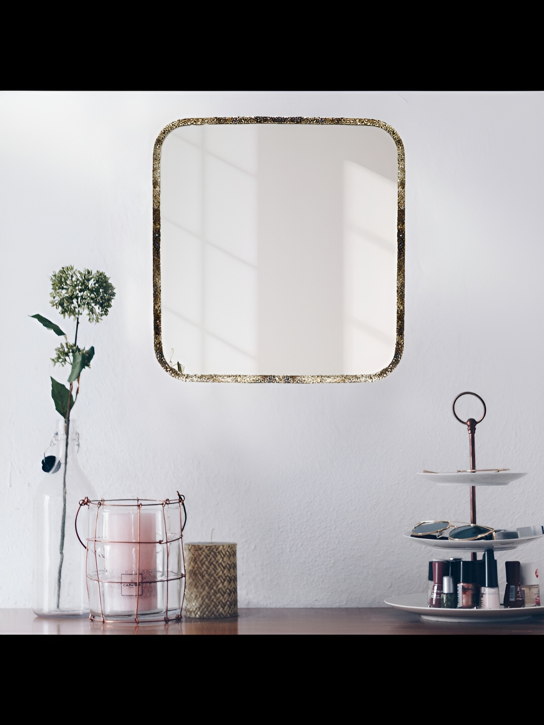 

Cocovey Homes Carved Beige & Grey Textured Brass Square Wall Mirror