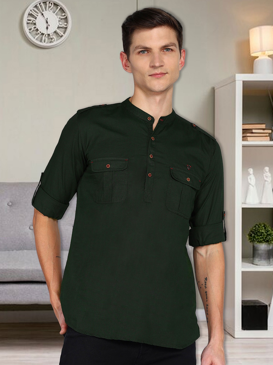 

Kuons Avenue Pathani Mandarin collar Short Kurta, Olive