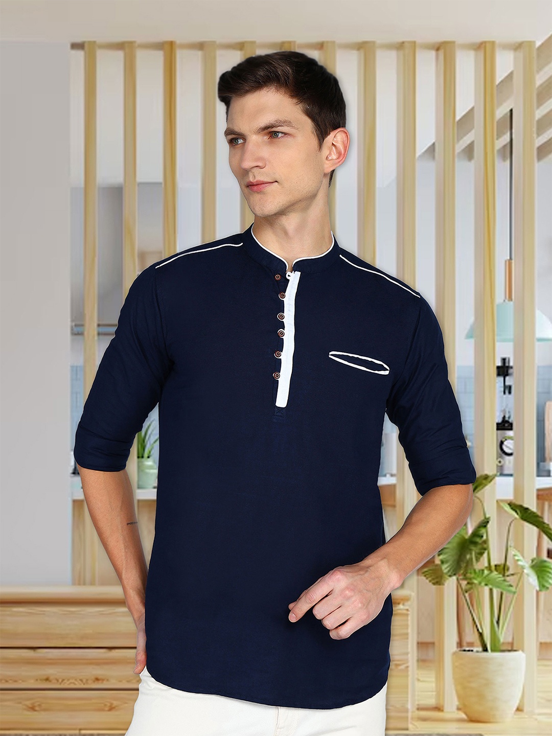 

Kuons Avenue Linen Cotton Mandarin Collar Roll Up Sleeve Pathani Short Straight Kurta, Navy blue