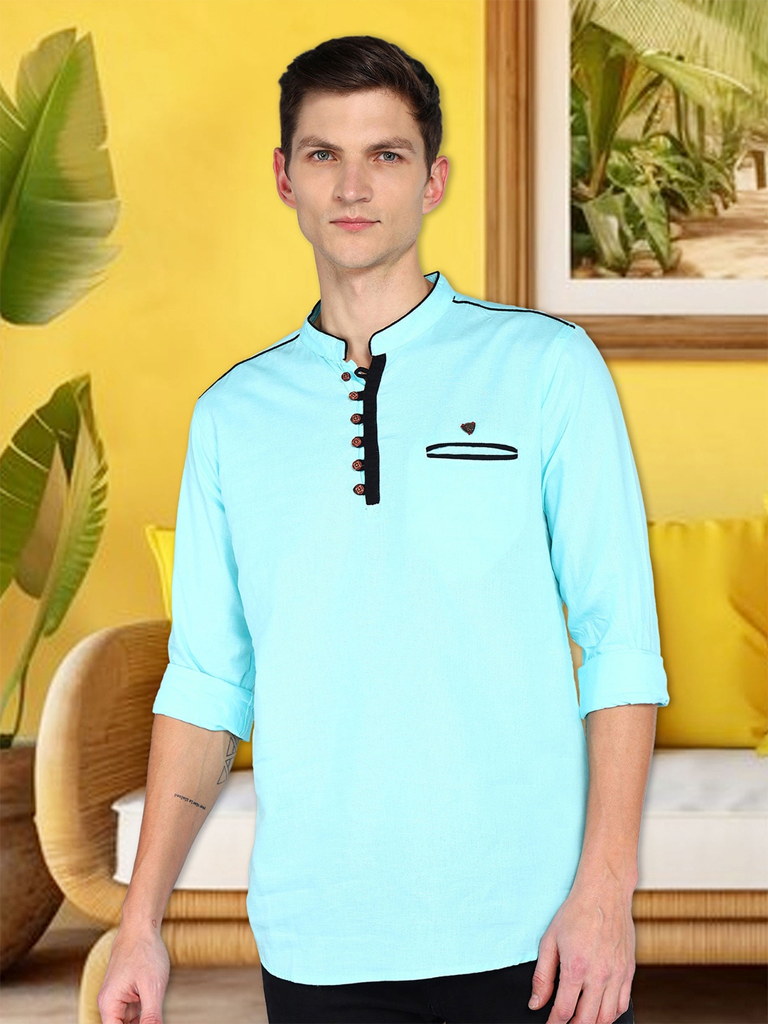 

Kuons Avenue Linen Cotton Mandarin Collar Roll Up Sleeve Pathani Short Straight Kurta, Turquoise blue