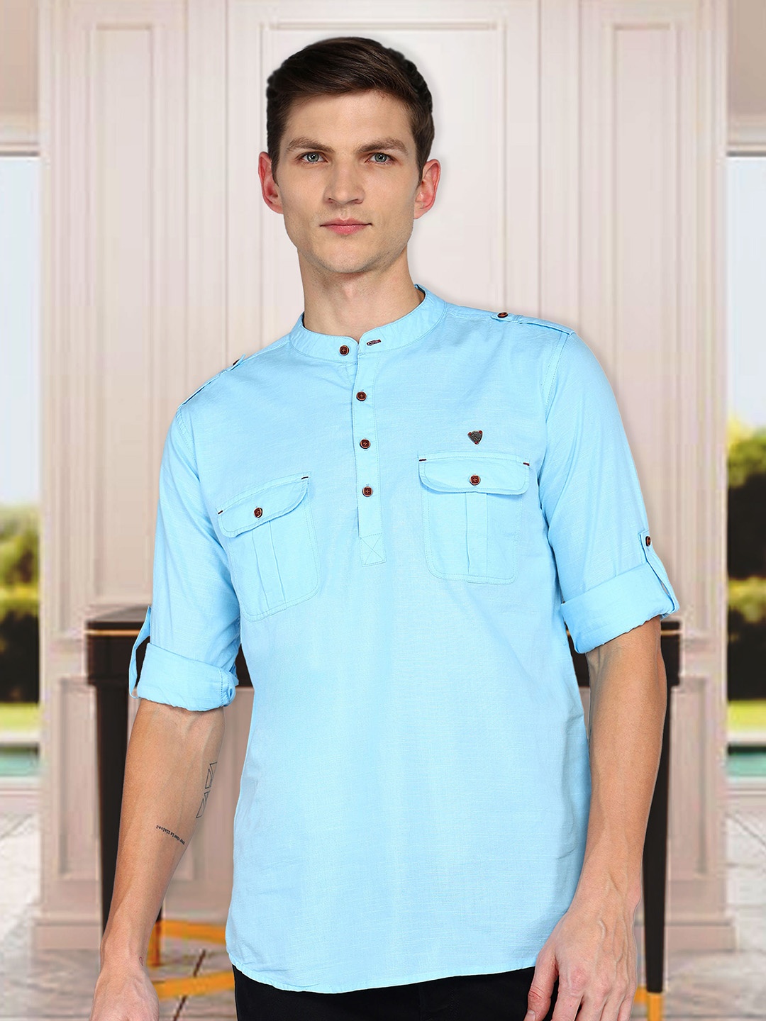 

Kuons Avenue Linen Cotton Mandarin Collar Roll Up Sleeve Pathani Short Straight Kurta, Blue