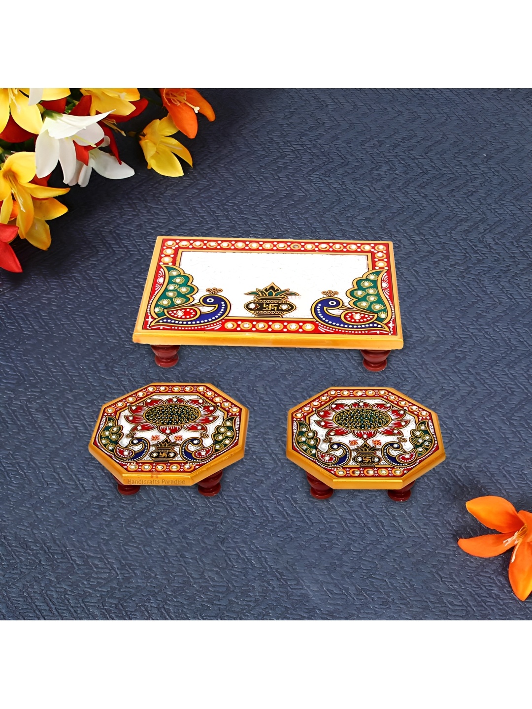 

HANDICRAFTS PARADISE White & Red 3 Pcs Peacock & Lotus designed Marble Pooja Chowkie