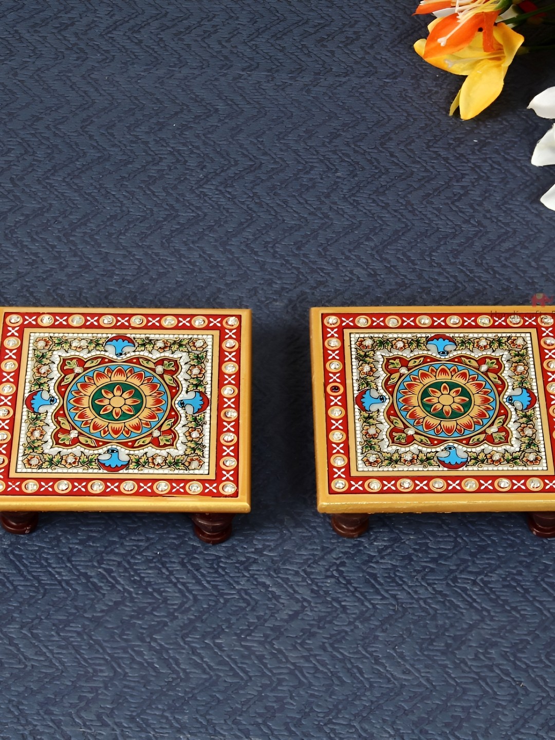 

HANDICRAFTS PARADISE White & Red 2 Pieces Floral Marble Square Pooja Chowkis