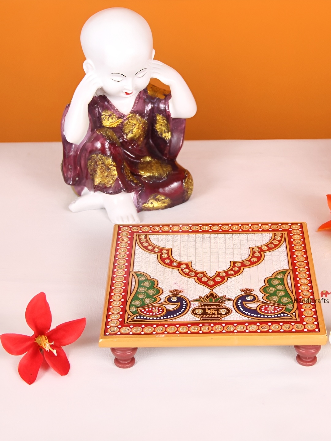 

HANDICRAFTS PARADISE White & Red Peacock Designed Marble Square Pooja Chowki